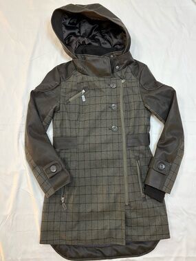 Three Stones Mixed Media Plaid Asymmetrical Zip Hooded Moto Coat Jacket Women XS